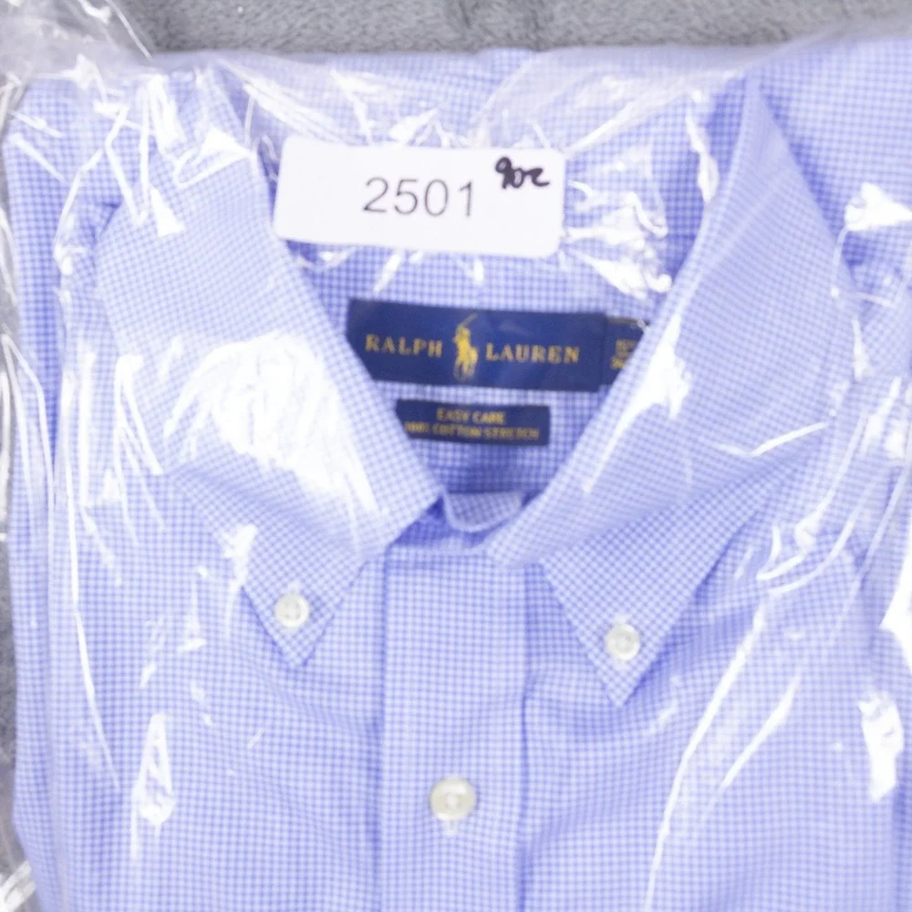 Polo Ralph Lauren Shirt Mens 15.5 34/35 Blue Gingham Cotton Stretch Button Down